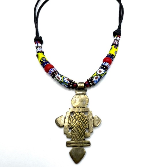 Colorful Beaded Necklace with Brass Coptic Cross Pendant  Unique Original - Picture 8 of 10